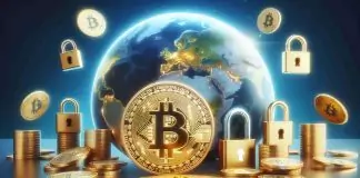 Eric Trump: Crypto and Blockchain Will Outpace Traditional Banking A glowing Bitcoin coin in the foreground, surrounded by stacks of gold coins and golden padlocks, with a digitally-rendered Earth in the background, symbolizing the secure and global nature of blockchain technology and cryptocurrency